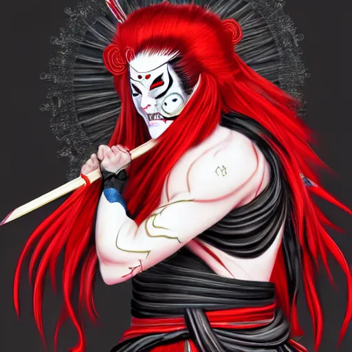 Prompt: an insane kabuki warrior wielding a spear while emitting a visible aura of madness, intricate hakama, red wig, crossed eyes, hazy atmosphere, high energy, trending on artstation, detailed concept art,