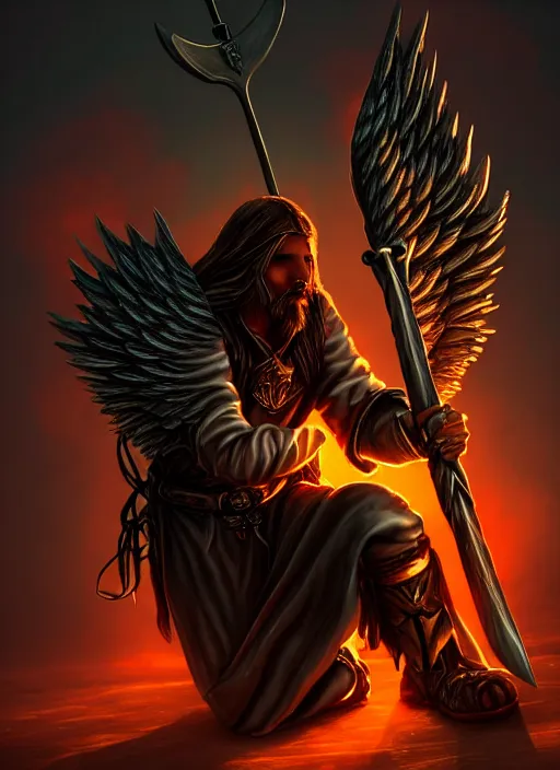 Image similar to fantasy art, fallen man angel kneeling on the knees with a sword and shield, close-up, bokeh. dark art masterpiece artstation. 8k, sharp high quality illustration in style of Jose Daniel Cabrera Pena and Leonid Kozienko, Tooth Wu, studio lighting. angel with big wings