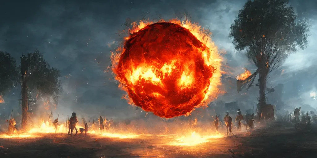 Image similar to giant fire ball attack old village, night, epic, dramatic, realistic, artstation, 8 k, high details