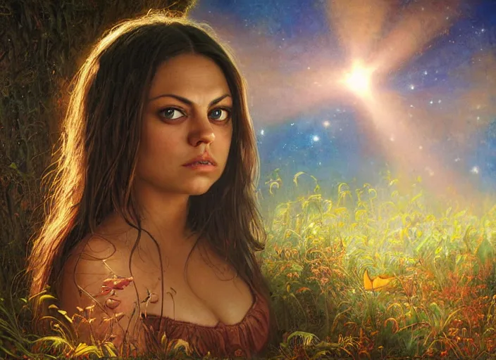 Image similar to big-eyed surprised Mila Kunis staring intensely into the camera, sundown golden hour firefly wisps, Lilia Alvarado, Sophie Anderson, Mark Arian, Bob Byerley, Charlie Bowater, Mark Brooks, Steve Henderson, Justin Gerard, Arthur Hughes, Edward Robert Hughes, Mark Keathley, Victor Nizovtsev, Carlos Shwabe, Ross Tran, WLOP