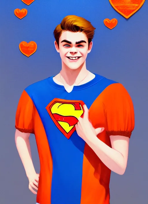 Image similar to friendly teenage archie andrews wearing an orange superhero costume with heart logo, heart, orange costume, blue cape, freckles, cape, heart emblem on chest, heart, blue cape, intricate, elegant, glowing lights, highly detailed, digital painting, artstation, sharp focus, illustration, art by wlop, mars ravelo and greg rutkowski