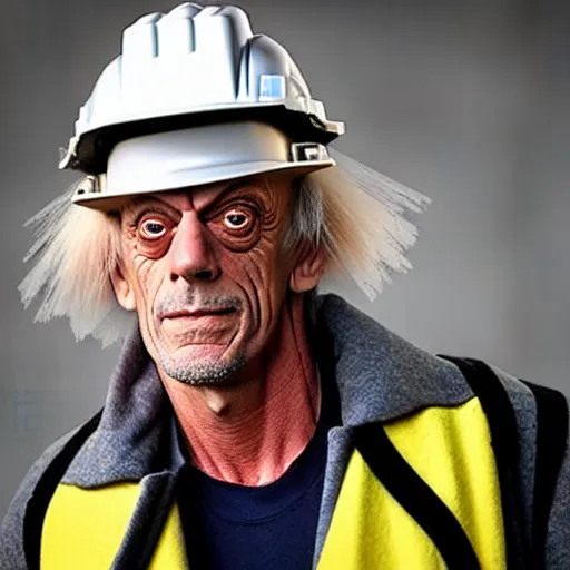 Image similar to a man who looks like christopher lloyd as doc brown back to the future, wearing a construction hat - h 7 6 8