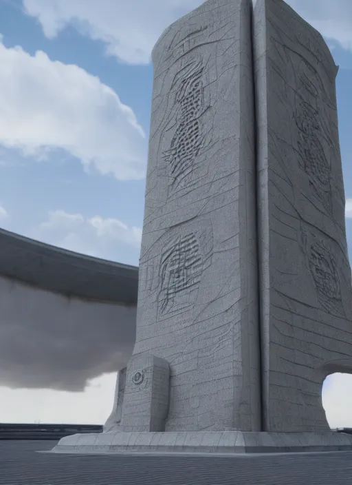 Image similar to highly detailed realistic architecture 3 d render of a futurisctic stele monument in frank gahry style standing near a highway, archdaily, made in unreal engine 4 octane render