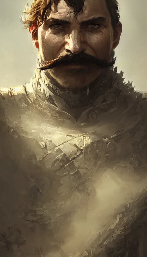 Prompt: Portrait of a middle-aged knight with a large moustache, male, detailed face, fantasy, highly detailed, cinematic lighting, digital art painting by greg rutkowski