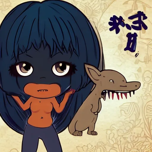 Image similar to Dark skinned girl pets Chibi Godzilla, painting