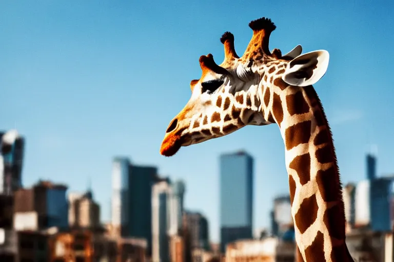Prompt: giraffe visiting the city, happy, daylight, cinematic 4 k