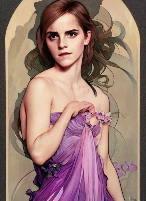 Image similar to emma watson wearing revealing pink and purple chiffon dress with flounces. beautiful detailed face. by artgerm and greg rutkowski and alphonse mucha