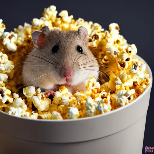 Image similar to photo of a hamster, swimming inside a bucket of popcorn, various poses, unedited, soft light, sharp focus, 8 k