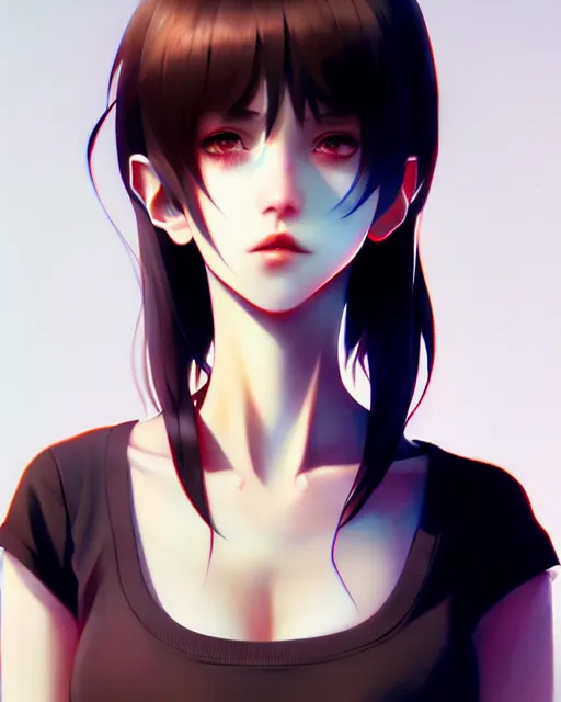 Image similar to full very close up neck shot of a beautiful loner girl, in tshirt, demented, russian, by saruei and guweiz and ilya kuvshinov and range murata, digital art, highly detailed, intricate, sharp focus, trending on artstation hq, deviantart, pinterest, unreal engine 5, 4 k uhd image