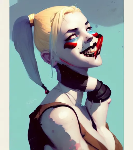 Prompt: portrait of cute harley quinn by atey ghailan, by greg rutkowski, by greg tocchini, by james gilleard, by joe fenton, by kaethe butcher, dynamic lighting, gradient light blue, brown, blonde cream and white color scheme, grunge aesthetic