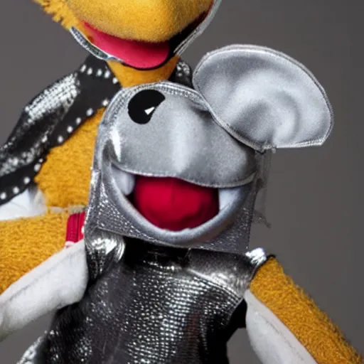 Image similar to a mouse wearing a shining suit of armor wielding a sewing needle, puppet, stop motion, in the style of the muppets