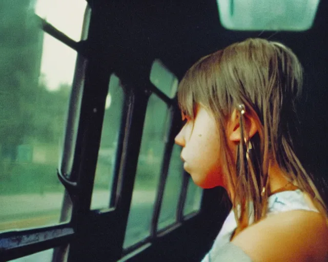 Image similar to lomo photo of shy goth girl sitting in empty bus, sunset, cinestill, bokeh