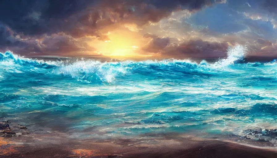 Image similar to beautiful crystal water sea with big breaking waves, sandy beach in the foreground, sun in the sky, hyperdetailed, artstation, cgsocitety, 8 k