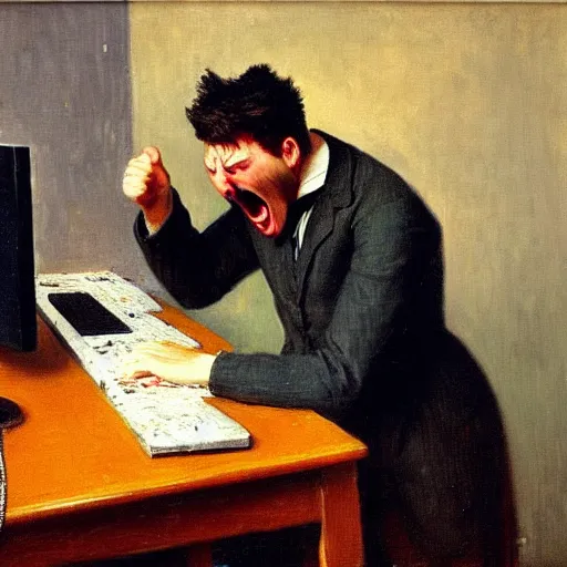 Image similar to an angry man yells at his computer monitor, oil on canvas, 1 9 0 1