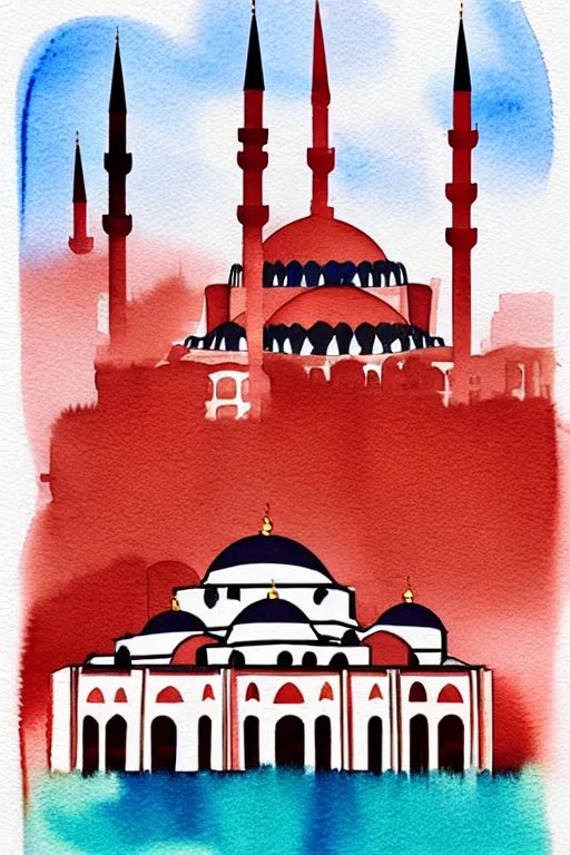 Image similar to minimalist colorful watercolor line art of a mosque in istanbul, art deco, cityscape, matte drawing, poster art