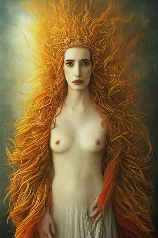 Prompt: portrait of a combination of Eva Green and Emma Roberts as the phoenix queen by agostino arrivabene and denis forkas