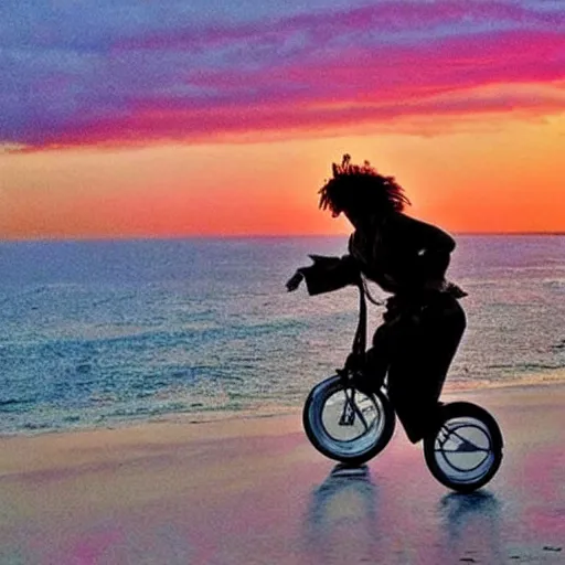 Image similar to a dreamy, colorful pictures of captain jack sparrow riding a unicycle, to the sunset.