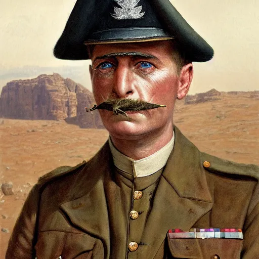 Image similar to a detailed photorealistic muted - color portrait painting of a 1 9 1 7 worried - looking british officer in field gear from the arab bureau in wadi rum, ultra realistic, intricate details, atmospheric, dark, brooding, highly detailed, by clyde caldwell