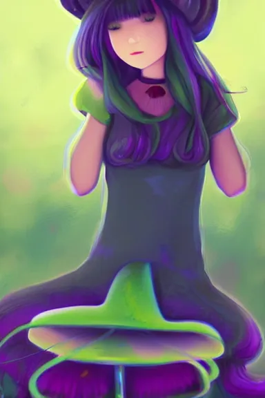 Prompt: a little girl wearing a mushroom hat in dress sitting | | purple hair, pretty face, fine details, digial art by lois van baarle, anatomically correct, perfect composition, symmetrical, fantastic, clean details, anime character