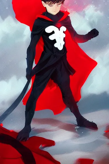 Image similar to little boy with cat ears in an black outfit with red cape. digital artwork made by lois van baarle and kentaro miura and marc simonetti, sharpness focus, inspired by hirohiko araki, anatomically correct, heroic composition, hero pose, smooth, concept art