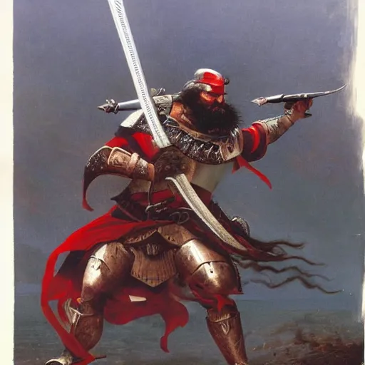 Prompt: an - armored - bearded - warrior - with - broadsword, american - flag - blowing, wayne - barlowe,