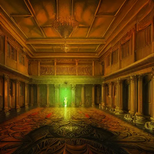 Image similar to Photorealistic Haunted Ballroom in the style of Michael Whelan and Gustave Dore. Hyperdetailed photorealism, 108 megapixels, amazing depth, glowing rich colors, powerful imagery, psychedelic Overtones, 3D finalrender, 3d shading, cinematic lighting, artstation concept art