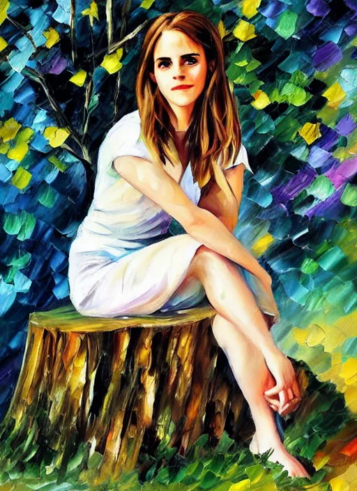 Prompt: portrait of emma watson sitting on a tree stump in a field, by leonid afremov