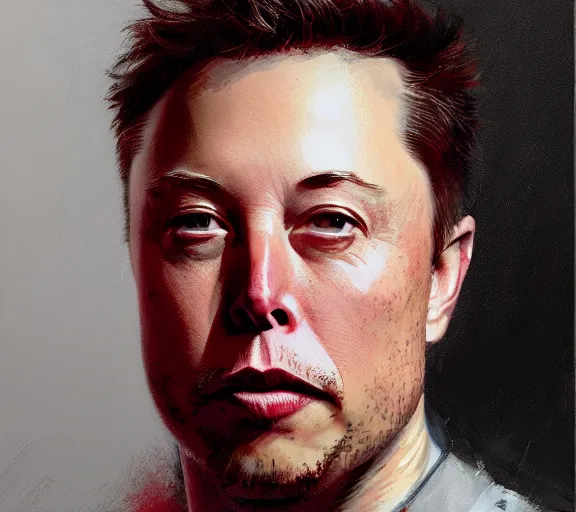 Image similar to a hyper-detailed portrait of Elon Musk by Craig Mullins; oil on canvas; trending on artstation; 90mm; f/1.4