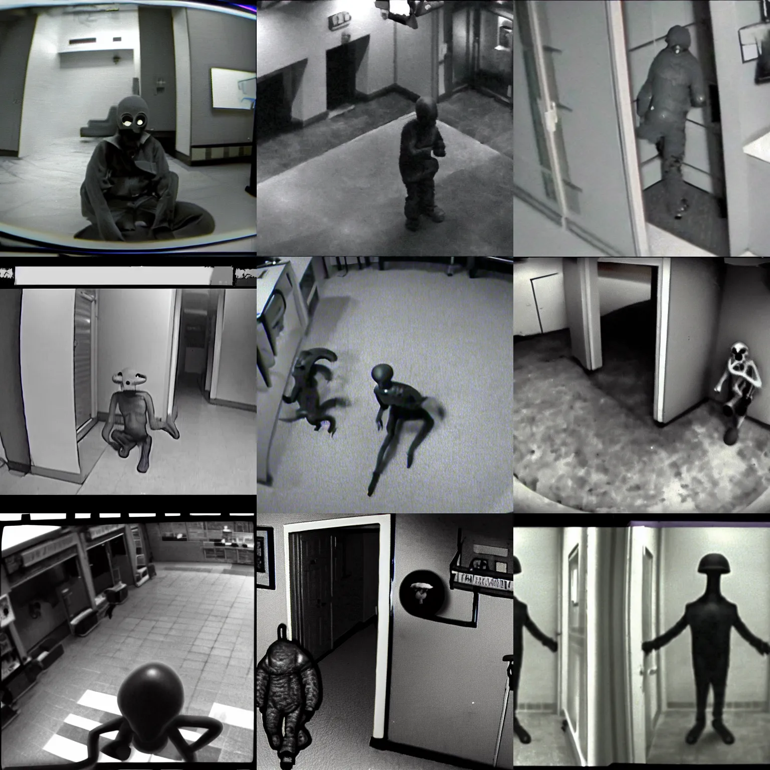 Prompt: security cam footage of an eldritch creature. mushroom humanoid bank robber. creepy paranormal thing