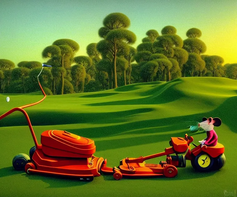 Image similar to hyper detailed 3d render like a Oil painting - a cartoon mouse riding a lawnmower across a golf course at dawn, by Jacek Yerka, Mariusz Lewandowski, Houdini algorithmic generative render, Abstract brush strokes, Masterpiece, Edward Hopper and James Gilleard, Zdzislaw Beksinski, Mark Ryden, Wolfgang Lettl, hints of Yayoi Kasuma, octane render, 8k