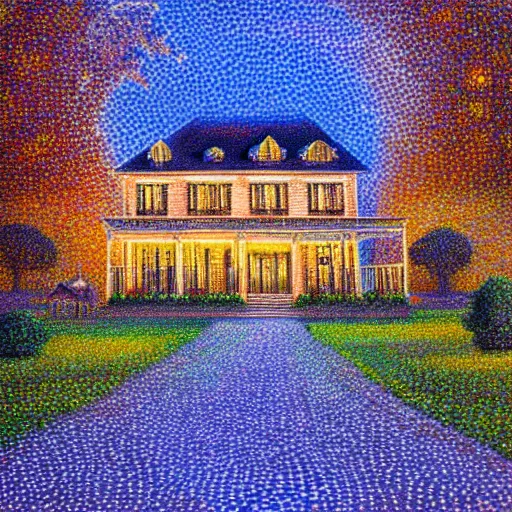 Image similar to Pointillism Painting of a Victorian manor at dusk soft glow HDR