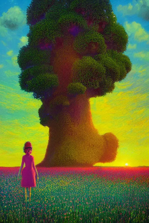 Image similar to flower face, girl standing in flower field, surreal photography, big trees, sunrise dramatic light, impressionist painting, colorful clouds, digital painting, pointillism, artstation, simon stalenhag