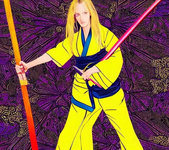 Prompt: breathtaking detailed pattern pastel colors, cinematic action scene from kill bill, with uma thurman in yellow kimono, swinging katana sword, traditional japanese art, exquisite detail, enhanced eye detail