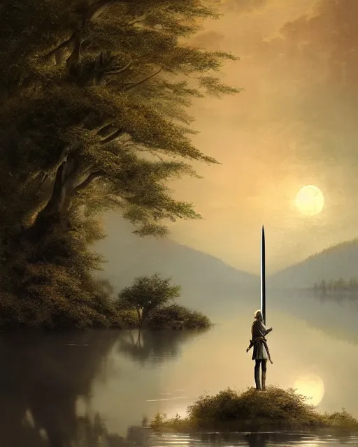 Image similar to ancient sword in the middle of a lake under a giant full moon, rippling reflections, trees and falling leaves, art by Raymond Swaziland and Greg Rutkowski, D&D, high fantasy, romantic, highly detailed, digital painting, trending on artstation, concept art, golden ratio, sharp focus, illustration, masterpiece, stunning