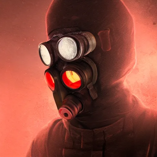 Prompt: hooden villain wearing a gas mask with red goggles, smoke coming out of his body, dark background, unreal engine 5, ultra realistic, detailed, fog, by greg rutkowski