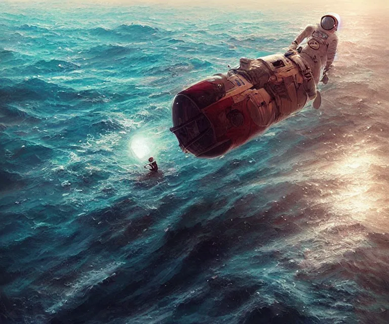 Image similar to an astronaut lost in the ocean,digital art,detailed,ultra realistic,art by greg rutkowski