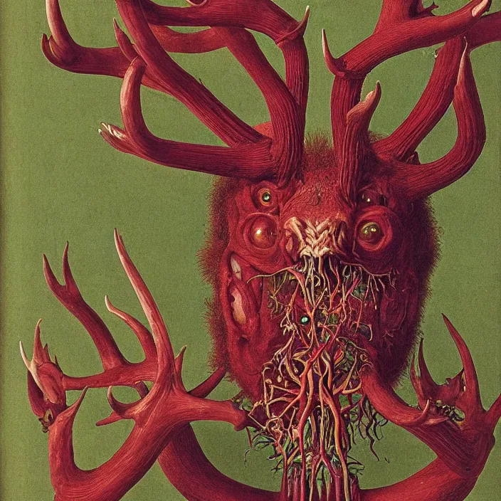 Prompt: close up portrait of a mutant monster creature with ten antlers growing in fractal forms, face in the shape of a colorful exotic carnivorous plant. by jan van eyck, walton ford