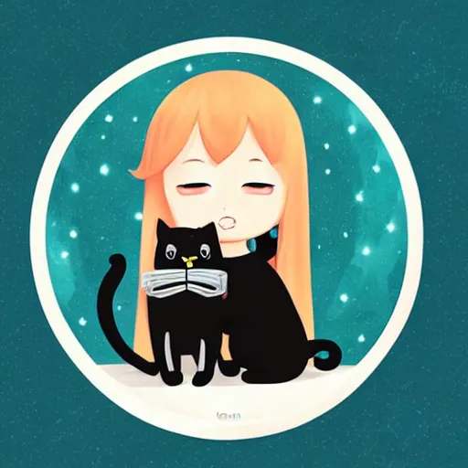 Prompt: girl with black cat, sticker, emoji, white background, by rossdraws, ghibli