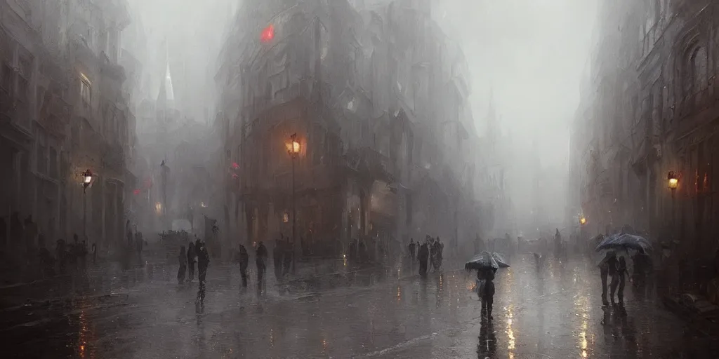 Prompt: an oil painting of a downpour in the middle of the street of a medieval city, moody lighting, fog, dark fantasy, by greg rutkowski, trending on artstation