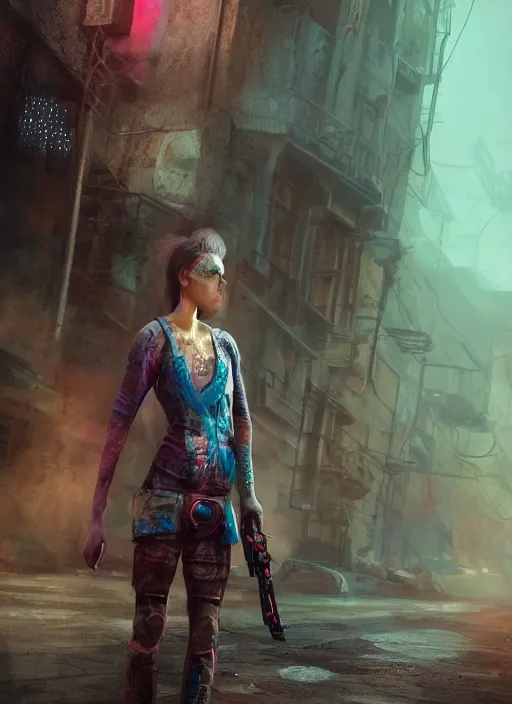 Prompt: detailed full body concept colorful pastel painting of a dystopian female road warrior in intricate clothing, cinematic lighting, hyperdetailed, 8k, high resolution, insanely detailed and intricate, octane render, vfx, postprocessing, alluring