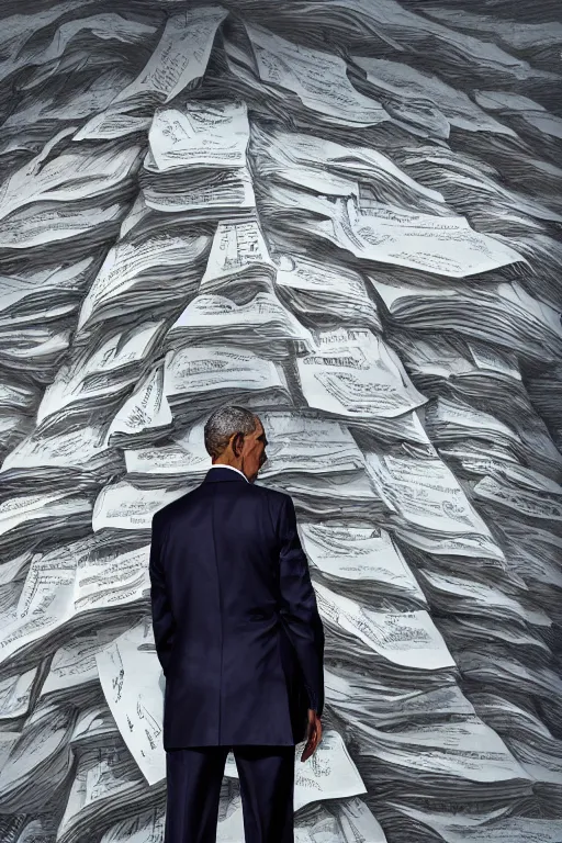 Prompt: obama nervously standing next to a mountain made of papers, photorealistic, intricate, 8 k highly professionally detailed, hdr, cgsociety