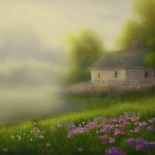 Image similar to a matte painting of a prairie, cottage close up, river, foggy, patchy flowers, oil painting, pale colors, high detail, 8 k, wide angle, trending on artstation,