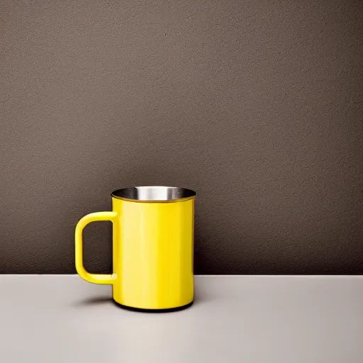 Prompt: yellow coffee mug is made of aluminium, steamy coffee on mug, mug looks similar to a rimowa portmanteau with handle