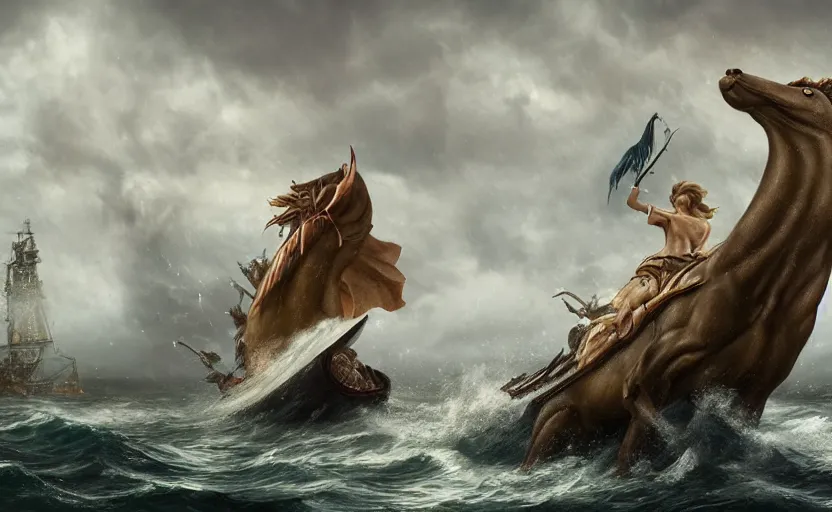 Prompt: the mythological kelpie attacking trade ships, with a fish tail, 4 k uhd, monster, rainy, maritime