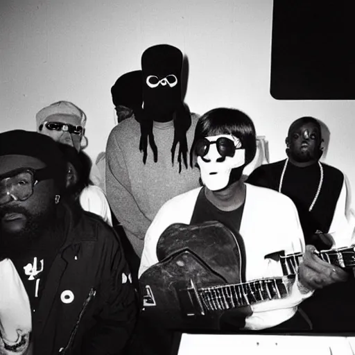 Prompt: MF DOOM and the Beatles recording a song in studio, photojournalism Kodak 5219, grainy image