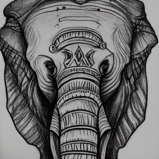Prompt: black pen sketch of a skull of a elephant, the desert is in color pencil, elephant skull, beginner, pencil, intermediate art, paper art, pencil, bold lines, cyberpunk based
