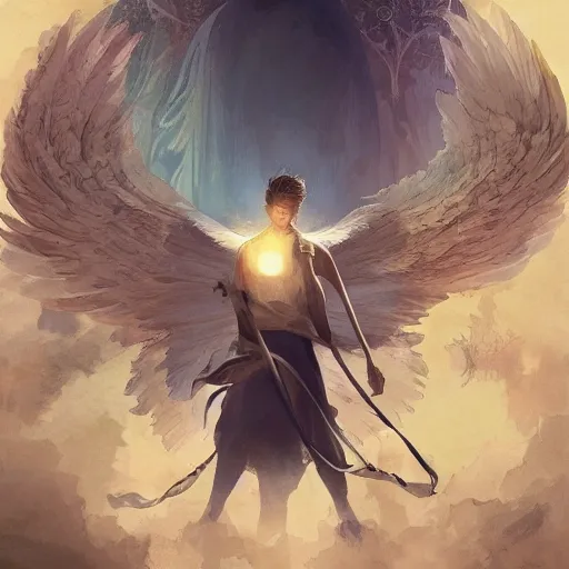 Prompt: angel protecting man, detailed intricate ink illustration, happy atmosphere, detailed illustration, hd, 4k, digital art, overdetailed art, by greg rutkowski, by loish, complementing colors, Trending on artstation, movie poster style, vector art style, Ghibli studio, studio light