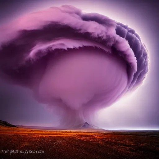 Image similar to amazing photo of purple clouds in the shape of a tornado by marc adamus, digital art, beautiful dramatic lighting