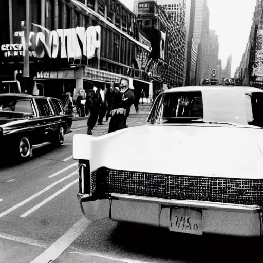Image similar to stock photo of a sixties limousine driving in new york, by getty images