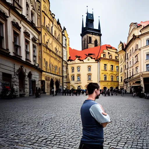 Prompt: a hungover man in Prague, 4K photograph, professional photograph, extremely detailed